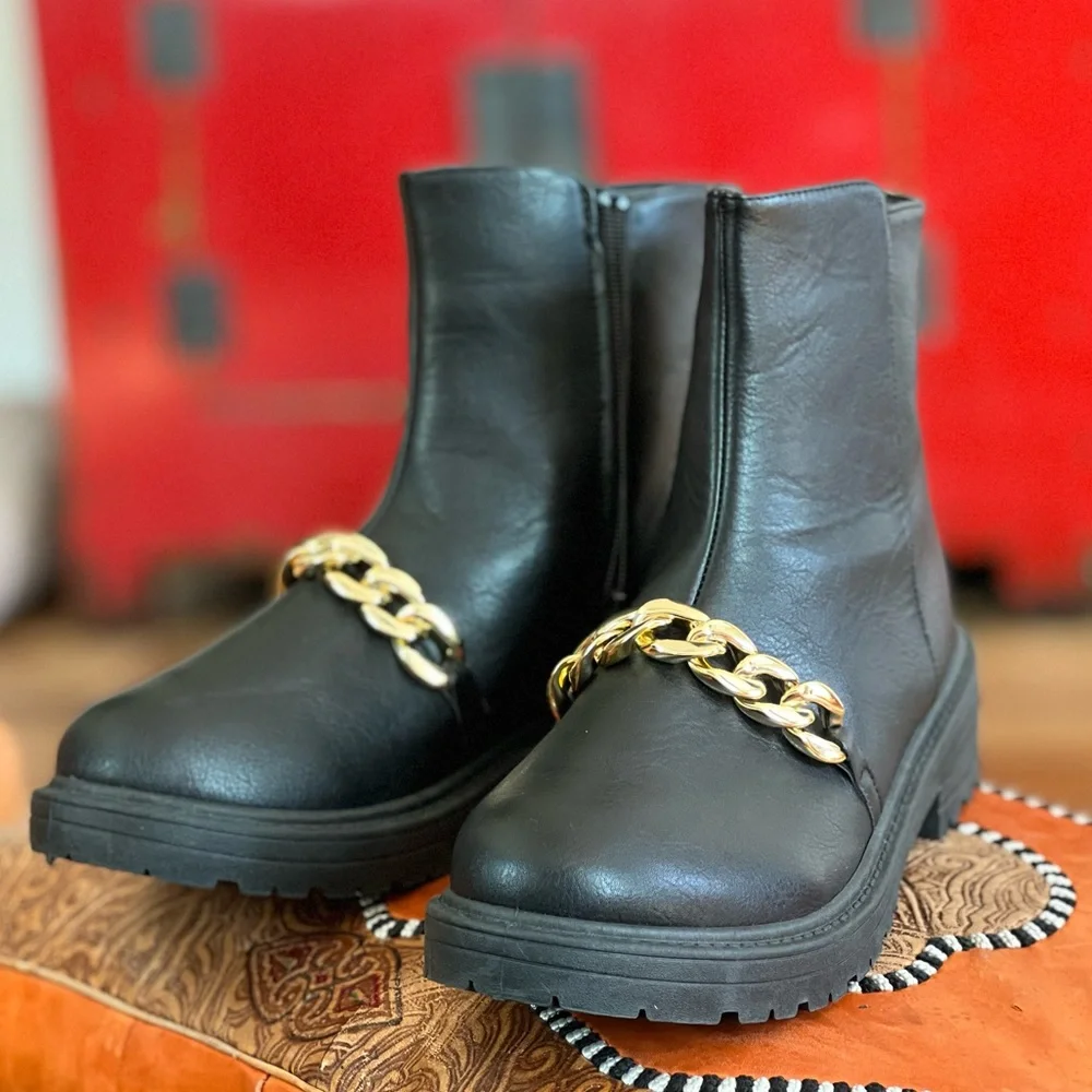 CL by Chinese laundry black chunky gold chain detail boots